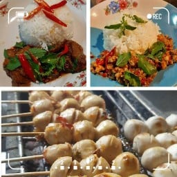 ลูกชิ้นหมู-เอ็นเนื้อ ย่างเตาถ่าน น้ำจิ้มรสเด็ด, กระเพราคอหมูย่าง