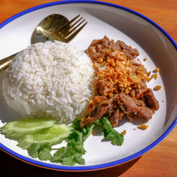 ข้าวหน้าเนื้อตุ๋นทอดกระเทียม