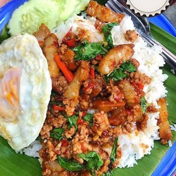 กระเพราหมูสับ+หมูกรอบ