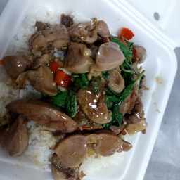 กะเพราเครื่องในไก่ราดข้าว