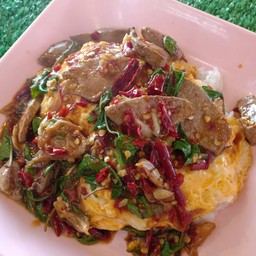 ข้าวกระเพาตับราดบนไข่ข้น