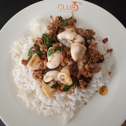 ข้าวราดผัดกระเพราหมูสับปนปลาหมึก