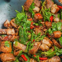 ขายดี กะเพรา หมูกรอบ 1ขีด +ข้าวเปล่า 1ถุง