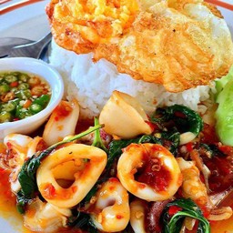 ข้าวราดกะเพราปลาหมึก (ไม่แถมไข่ดาว)
