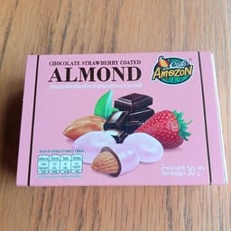 Strawberry-flavored chocolate-coated almonds