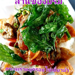กะเพราหมูกรอบไข่เยี่ยวม้า