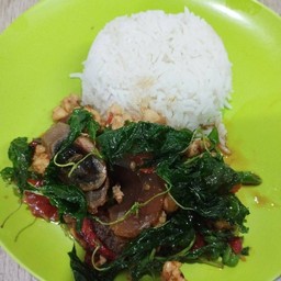 กระเพราไข่เยี่ยวม้า ราดข้าว