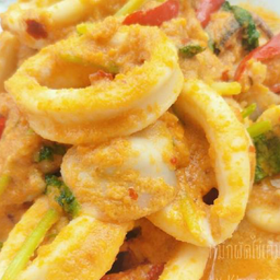 ปลาหมึกผัดไข่เค็มราดข้าว