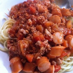 สปาเก็ตตี้รวมไก่&แฮม&ไส้กรอก