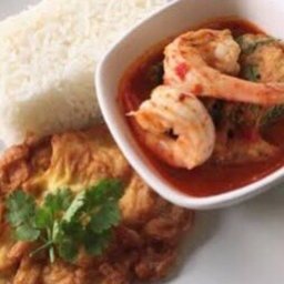 แกงส้มชะอมทอดกุ้ง+ข้าว+ไข่เจียวหมูสับ