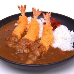 ข้าวราดแกงกระหรี่กุ้งทอด(ข้าวหอมมะลิผสม)