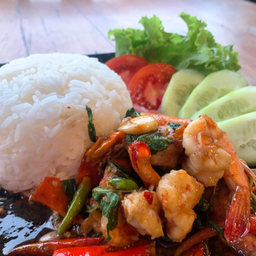 ข้าวราดกระเพรากุ้งสด