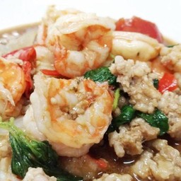 ผัดกระเพราหมูสับ+กุ้ง -ราดข้าว