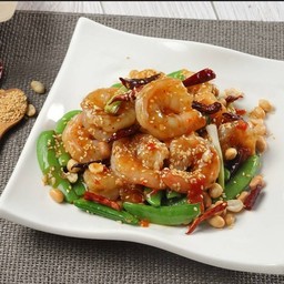 กุ้งผัดถั่วหวานซอสเสฉวนหม่าล่า