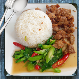 หมูทอดกระเทียม+คะน้าน้ำมันหอย