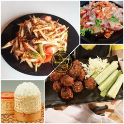 เซตสุดคุ้ม C (ส้มตำ,ยำวุ้นเส้นหมูสับโบราณ,ลาบหมูทอด,ข้าวเหนียว 2 ห่อ)