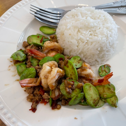 ข้าวราดสะตอผัดกุ้ง+หมูสับ