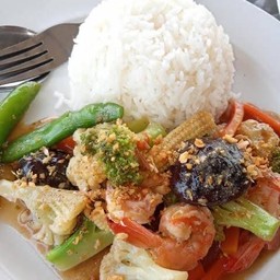 ข้าวราดผัดผักรวมกุ้ง