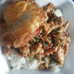 กระเพราหมูชิ้นไข่ดาวราดข้าว