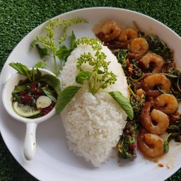 ข้าวกระเพรากุ้งพริกแห้งหอมอร่อย