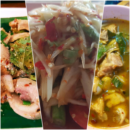 น้ำตกคอหมูย่าง+ต้มเเซ่บกระดูอ่อน ฟรี ตำไทยหรือปูปลาร้า