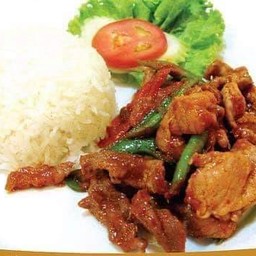 ผัดพริกแกงหมูชิ้นราดข้าว(ฟรีไข่ดาว)เลือกเนื้อสัตว์ได้เลยจ้า