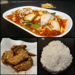 ยำหอยนางรมน้ำยำพริกเผา+ข้าวสวย+ปีกไก่ทอด 4 ชิ้น