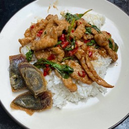 กะเพราไก่+ไข่เยี่ยวม้า