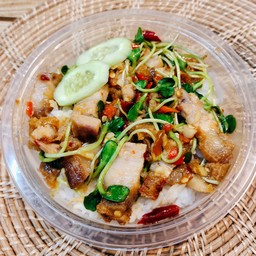 Stir Fried Crispy Pork Belly With Sunflower Sprouts On Rice