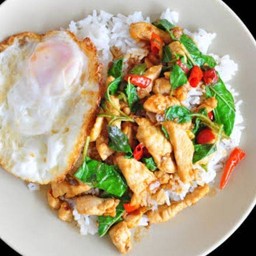 กระเพราหมูชิ้น ราดข้าว
