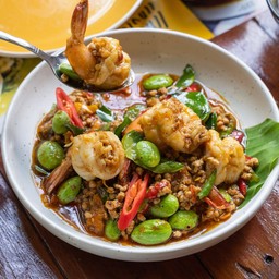 กุ้งผัดเผ็ดสะตอหมูสับ+ข้าวสวย