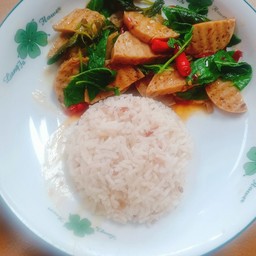 กะเพราหมูยอ+หมูสับเจราดข้าว(Vegan )