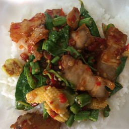 กระเพราหมูกรอบราดข้าว