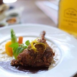 Risotto Duck Confit with slow cooked duck confit, strawberry brawn sauce. asparagus, sear peach and baby carrot รีซอตโต้เป็ดร่อน