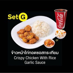 Set G ข้าวหน้าไก่ทอดซอสกระเทียม+เครื่องเคียง+โค้ก