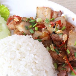 ข้าวหมูสามชั้นคั่วพริกเกลือ