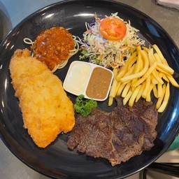 สเต็กปลาทอด+เนื้อ