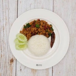 ข้าวกะเพราคั่วพริกแห้ง          Rice with stir-fried plant-based meat,basil and dried chili