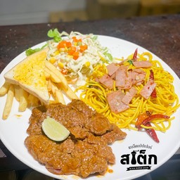 ริบอายบาบีคิว + สปาเก็ตตี้ผัดพริกแห้งแฮมไก่