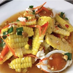 ยำข้าวโพดไข่เค็ม Sweet corn and salted eggs spicy salad