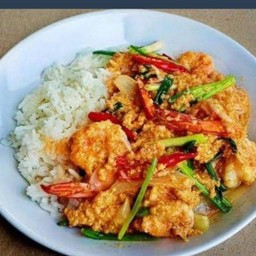 ผัดผงกะหรี่กุ้ง ราดข้าว