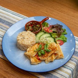 ข้าวกล้อง ไก่ย่างขมิ้นวีแกน น้ำจิ้มแจ่ว V