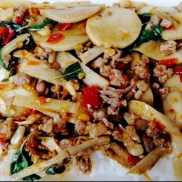 ข้าวราดผัดกระเพราหมูสับหน่อไม้ดอง