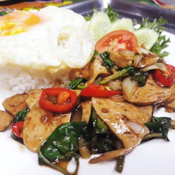 ข้าวราดกระเพราะหมูยอ+ไข่ดาว