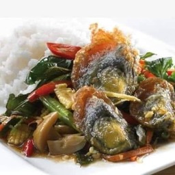 กระเพราไข่เยี่ยวม้า + โค้ก