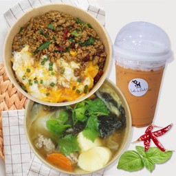 ข้าวกระเพราหมูสับ 1 แกงจืดเต้าหู้ไข่1+น้ำ1แก้ว