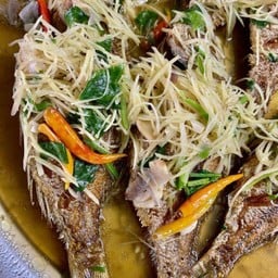 ปลากะพงขาว(ปลาทะเล) สด ๆ ทอด ราดขิง / ชิ้น