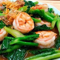 Stir Fried Kale With Shrimp On Rice