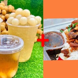 ข้าวหน้าหมูทอด+น้ำลำไยสดเนื้อทะลัก(แก้ว16oz)