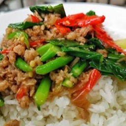 คะน้า หมูสับ ราดข้าว